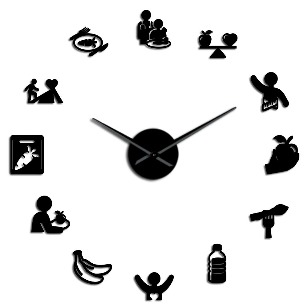 Voedingszorg, gezonde voeding, voedingsdeskundige, wandkunst, hangende wandklok, doe-het-zelf spiegelstickers, keuken, eetkamer, stille muur, horloge: Zwart / 37 inch