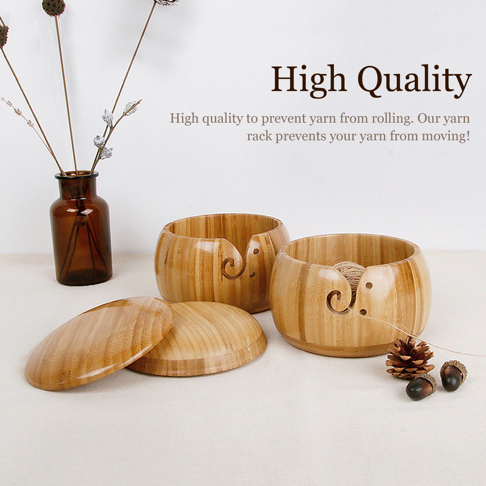 Knitted Wool Storage Basket, Wooden Yarn Bowl with Hole Anti-slip Yarn Holder for Knitting