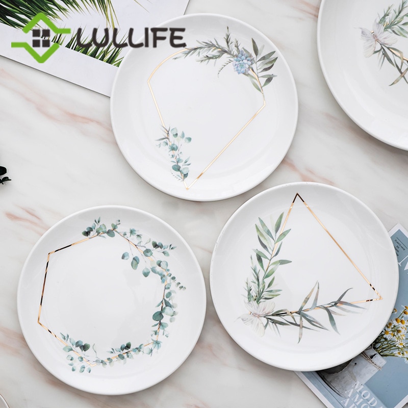 Blad print hvidben kina porcelæn aftensmad frugt dessert runde tallerkener og skylninger sæt hjem aftensmad oplader plader 6/8/10 inches