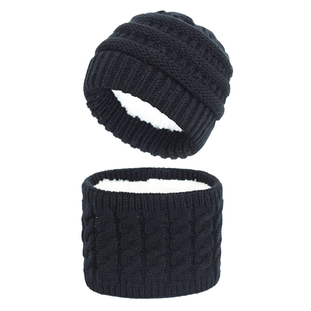 Winter Children's Skullies Hat Scarf Set Thick Knitted Kids Two pieces Fluffy Hats Scarf Sets Solid Warm Cap Girls boys Hats: Black