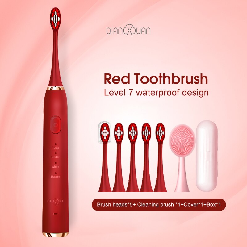 Electric Toothbrush Toothbrush Sonic Ultrasonic Brush IPX7 Waterproof Sonic Toothbrush Recharge Sterilization Anti-bacteria: Red package Two
