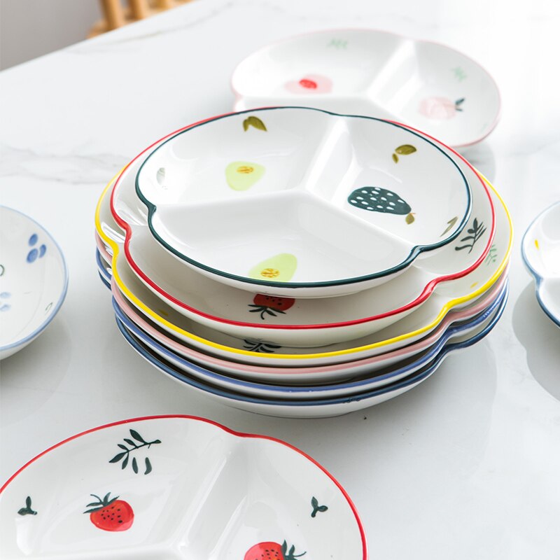 （9 inch Ceramic Three-divided Plate Fruit Bowl Snack Tray Porcelain Plates Candy Dish