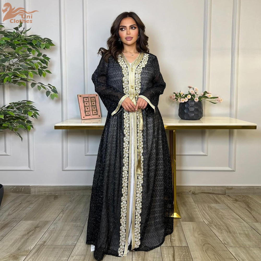 Uni moda muçulmano dubai luxo mulher abayas conjunto de duas peças com faixas com decote em v com cinto vestidos de cetim marroquino robe islâmico