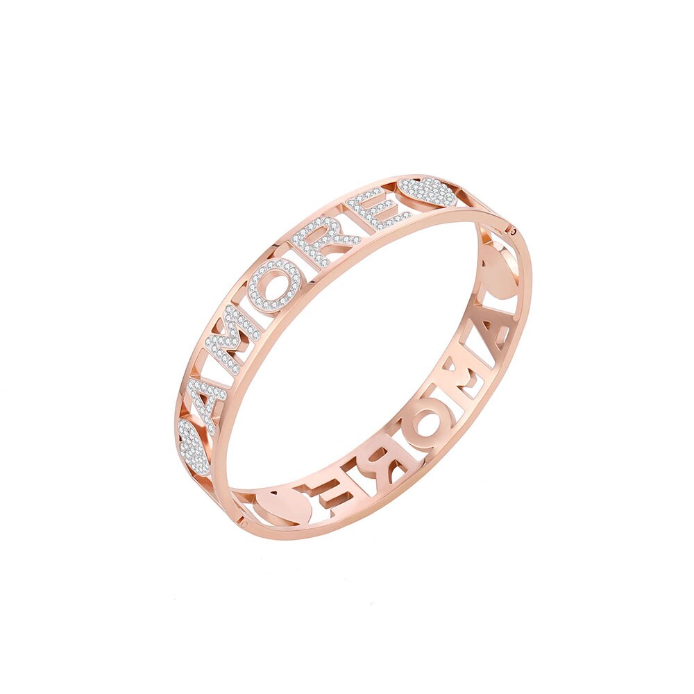 Bijoux en acier inoxydable pour femmes, bracelet large, cristal blanc, lettres cœur, manchette romaine épaisse, , nouveauté: rose gold