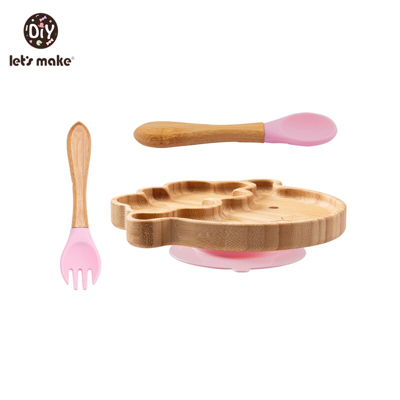 Let&#39;s Make Baby Dinner Plates Set Wooden Cartoon Dinner Plate Fork Spoon Children Feeding Plate Safe Edible Silicone Product: Set 8