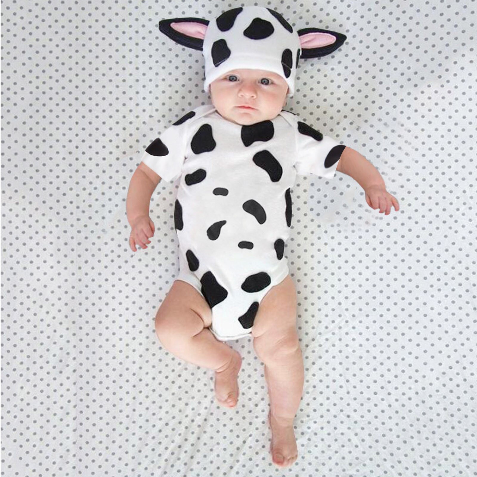 Zomer Baby Baby Boy Meisje Korte Mouw Leuke Bodysuits Cartoon Melkkoe Gedrukt Romper Bodysuit + Hoed Комбинезон Для Малышей