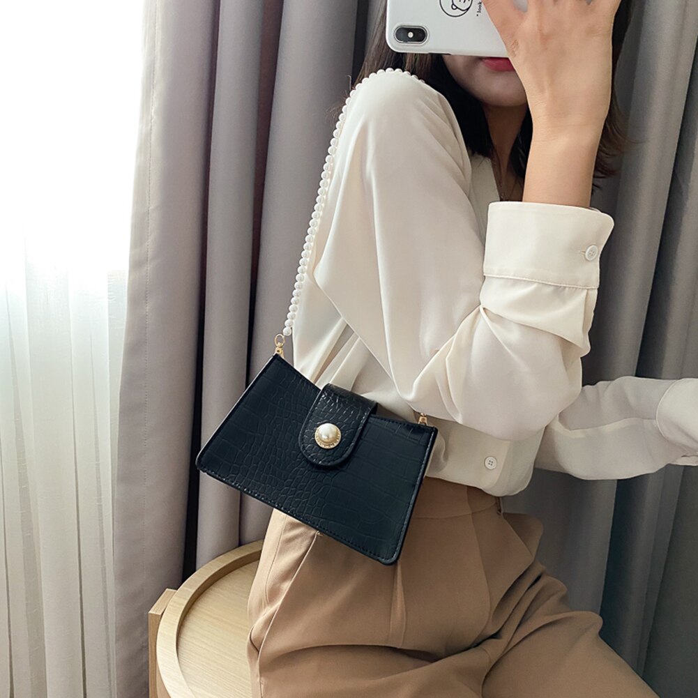 Jugend Damen Einfache Vielseitige Tasche Frauen Einfarbig Handtaschen Dame PU Leder Perle Kette Kleine Schulter Totes Tasche
