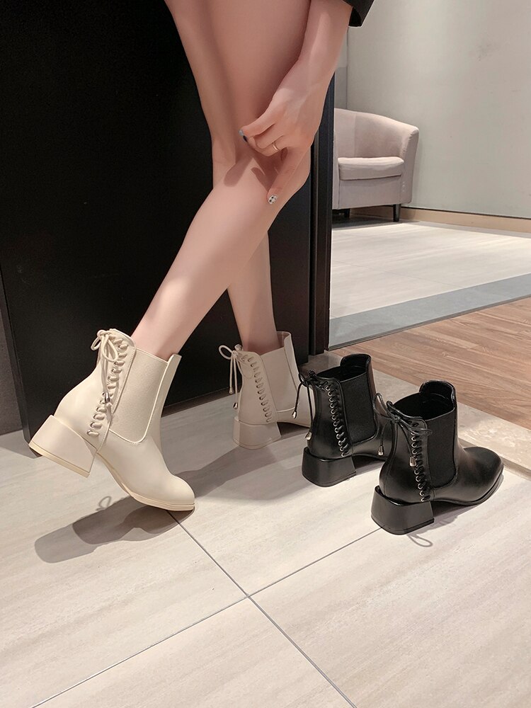 Hvide mid-calf støvler rund tå sko støvletter damer lave hæle støvletter støvler-kvinder efterår