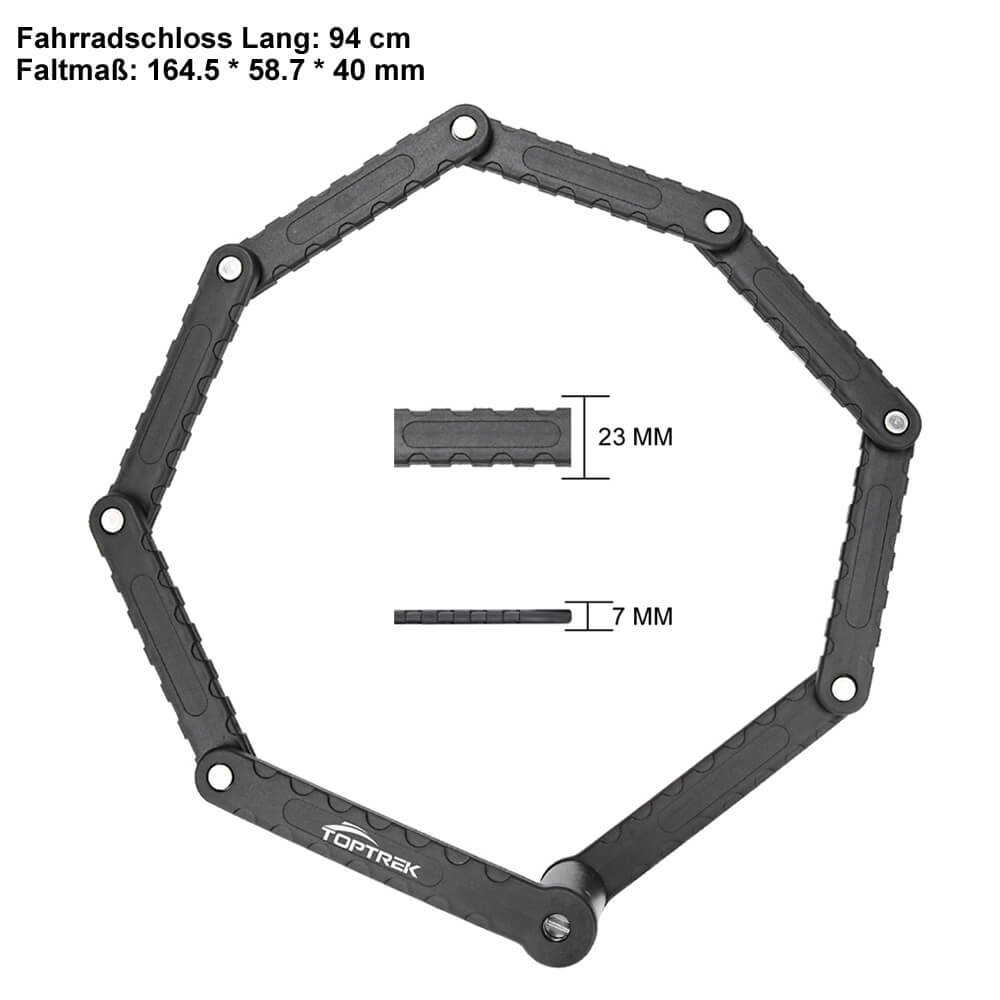 Toptrek Faltschloss mit Halterung Fahrradschloss Schlüssel Lang 94cm 8 Gelenken Fahrradschloß Sicherheitsstufe eben 7 Fahrrad Faltschloß für Mountainbike/Rennrad/BMX/MTB (Schwarz)