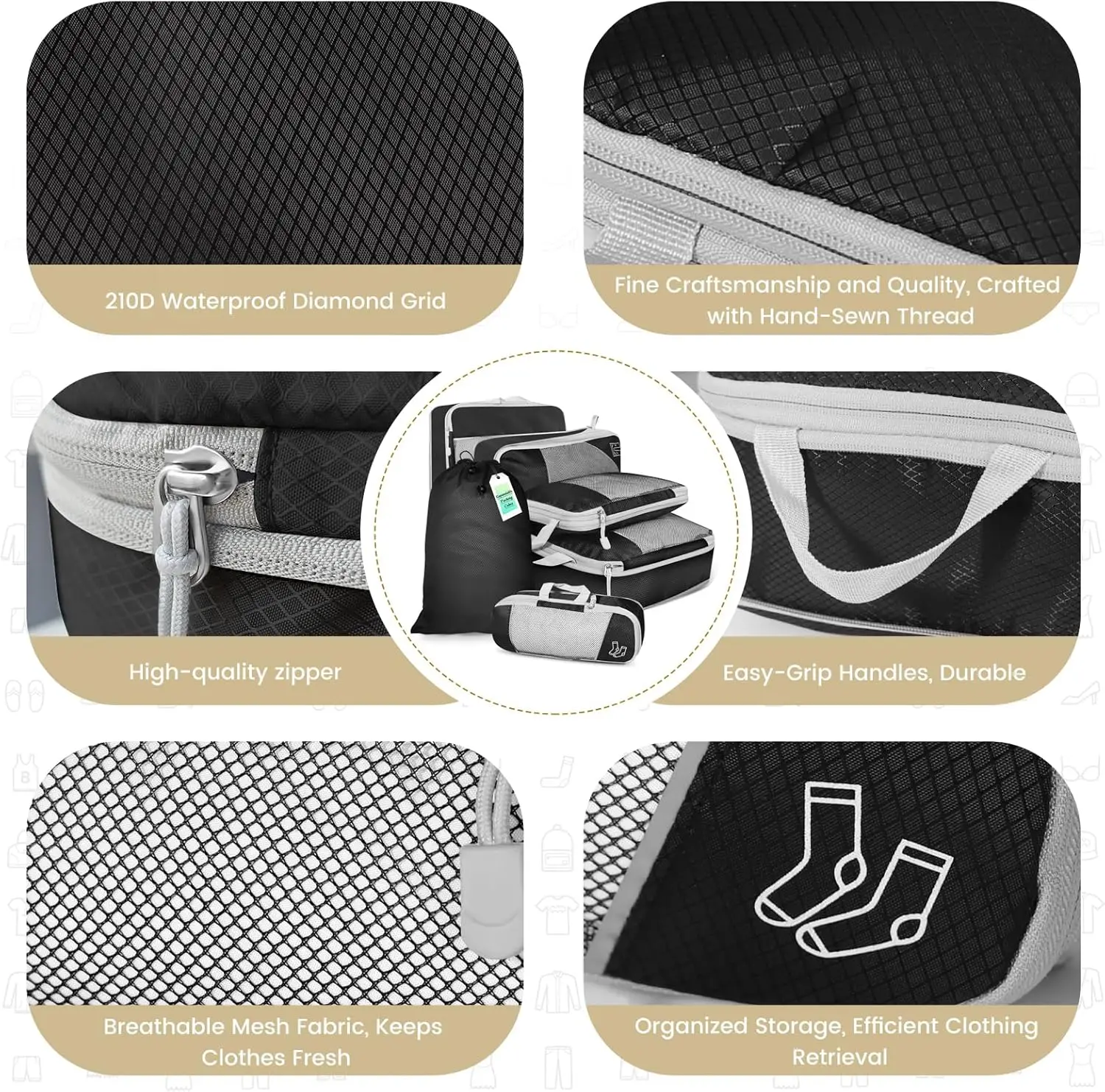 6PCS Travel Compressed Packing Cubes Storage Organizer Set With Shoe Bag Mesh Visual Luggage Portable Lightweight Suitcase Bag