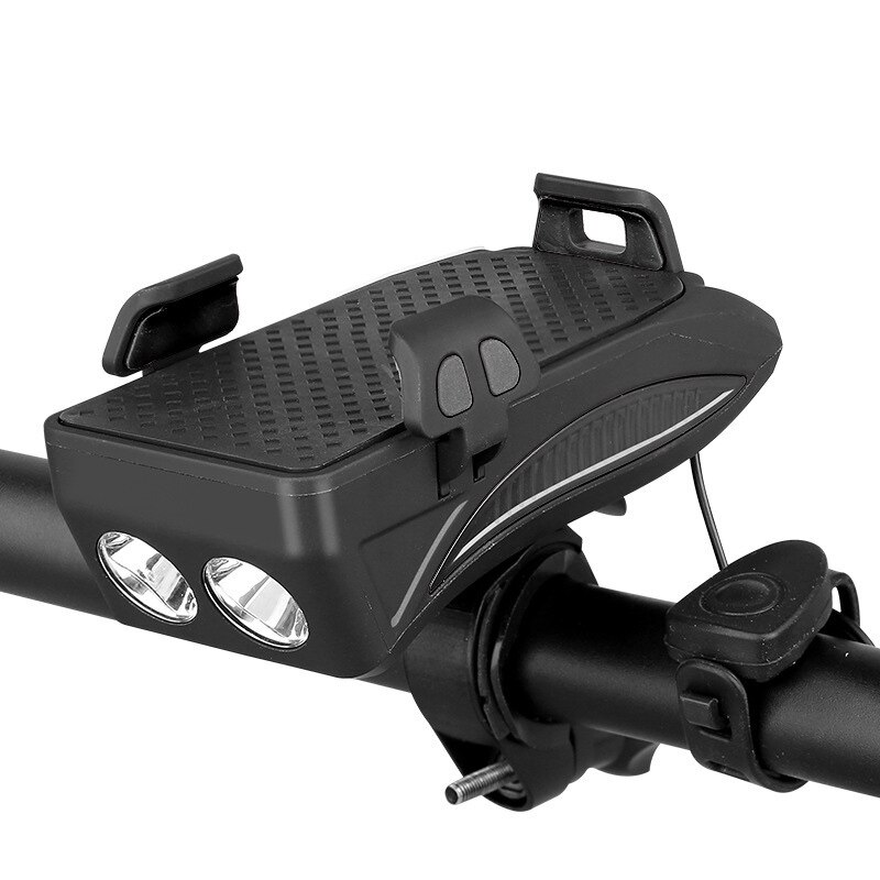 Fietshoorn en telefoonhouder in één, multifunctionele fietsverlichting, koplamp, led-bel, gps-clip, stuurbevestiging ,  b82: Zwart