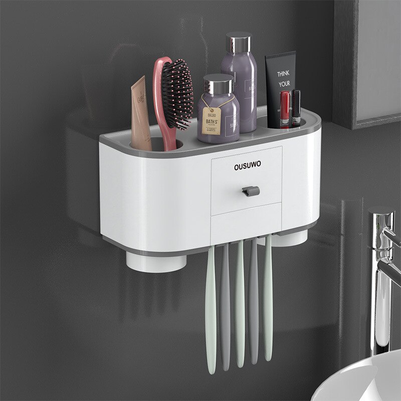 Spazzolino da denti titolare distributore Automatico di Dentifricio spremiagrumi per Il Bagno cremagliera Di Stoccaggio cremagliera di Montaggio A Parete Accessori per il Bagno impostato: A-Two cups grigio