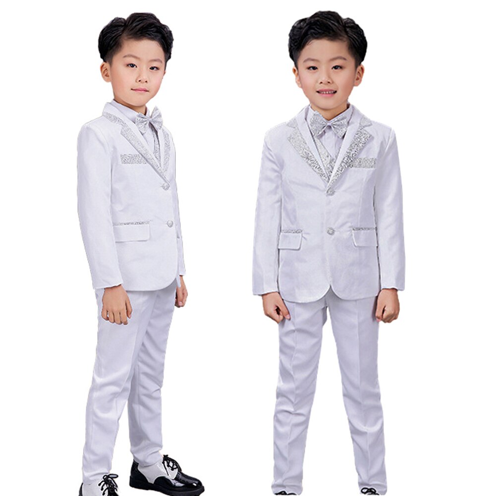 Lolanta 4Pcs Toddler Boys Tuxedo Suit White Silver Formal Attire Set Birthday Wedding Party Outfit for Kids Piano Performance