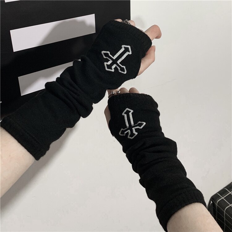 Gothic Harajuku Punk Stijl Zwarte Cross Print Half Vinger Lange Handschoen Meisje Lengte Mouw Vingerloze Handschoenen Mode Streetwear
