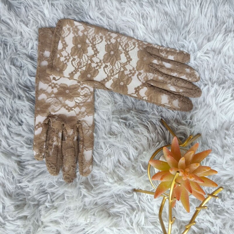 blaugrün Grün Sommer Elegante Damen Blumen- Spitze Handschuhe Blau Gelb Handgelenk Länge Kurze Volle Finger Mädchen Braun Rosa Handschuhe: Braun