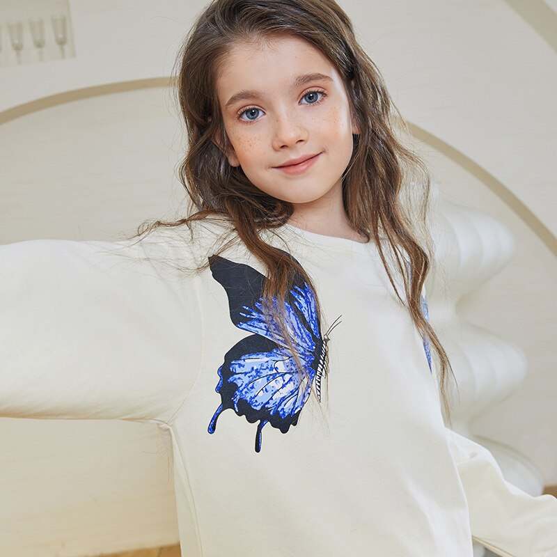 YourSeason Spring Cute Sweatshirt Teen Girls Cotton Cartoon Butterfly Print O-neck Shirts Autumn Teenage School Clothes