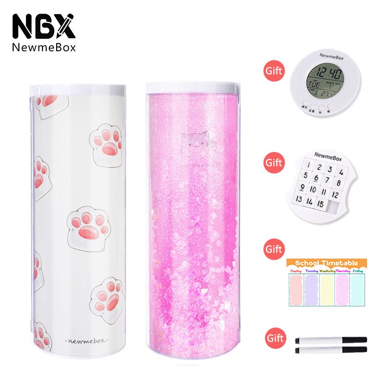 NBX School Pencil Case For Girls Kawaii Cat Paw Pencilcase Pink Clear Plastic Pen Box Stand Up Large Capacity Stationery Holder: quicksand 4