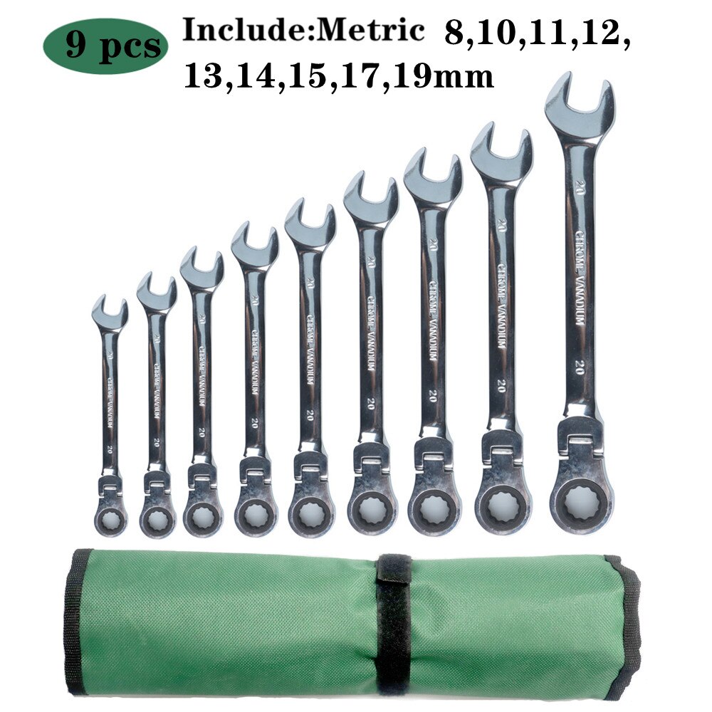 WOZOBUY Ratchet Metric Wrench Set with Movable Head, Socket Wrench and Gear Ring Torque Key Wrench Set Car Repair Tool: 9 pcs