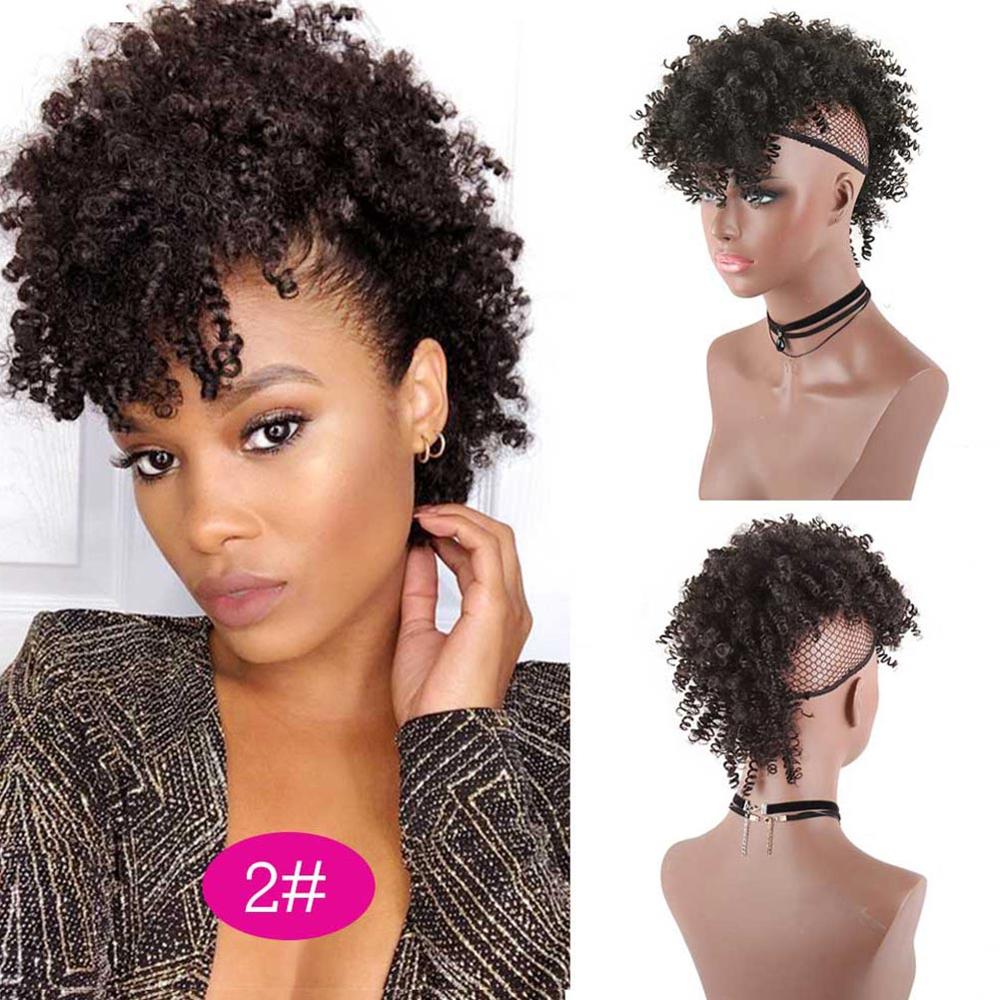 Afro Puff Ponytail With Bangs Afro Kinky Curly Synthetic Curly Mohawk Ponytail Clips in Hair Extension For Black women Hairpiece: 2