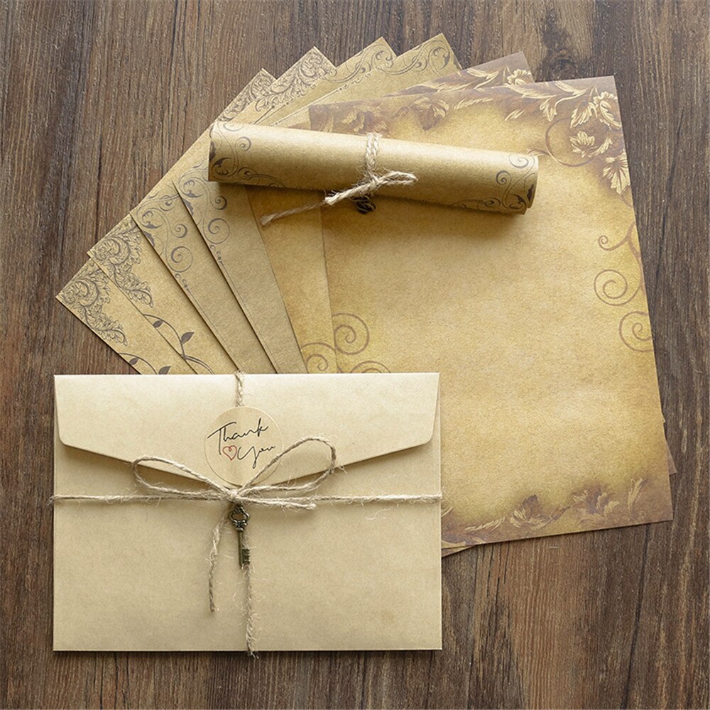 1 pack Kraft Envelope Letter Pad Set Vintage Letter Pads Writing Paper with Rope Wedding Party Invitation Envelopes Message Pads