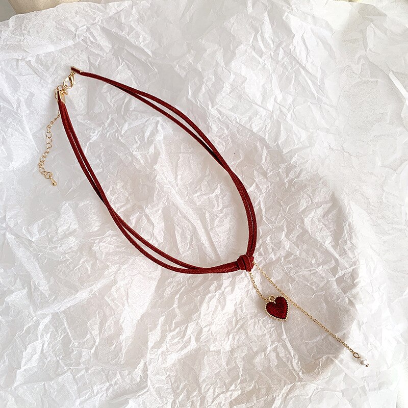 Women Chokers Necklaces Trendy Chain Cotton Heart Party Necklace For Female Korean Jewelry Red Heart Necklace: A