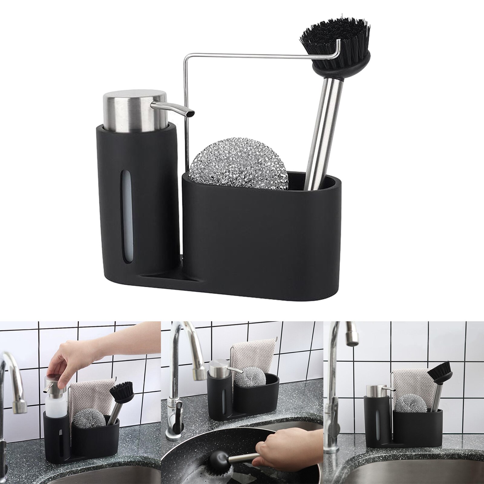 Dishwashing Tool Set, Kitchen Cleaning Pot Brush Steel Wire Ball Soap Dispenser Bottle Dish Washing Tool Kit