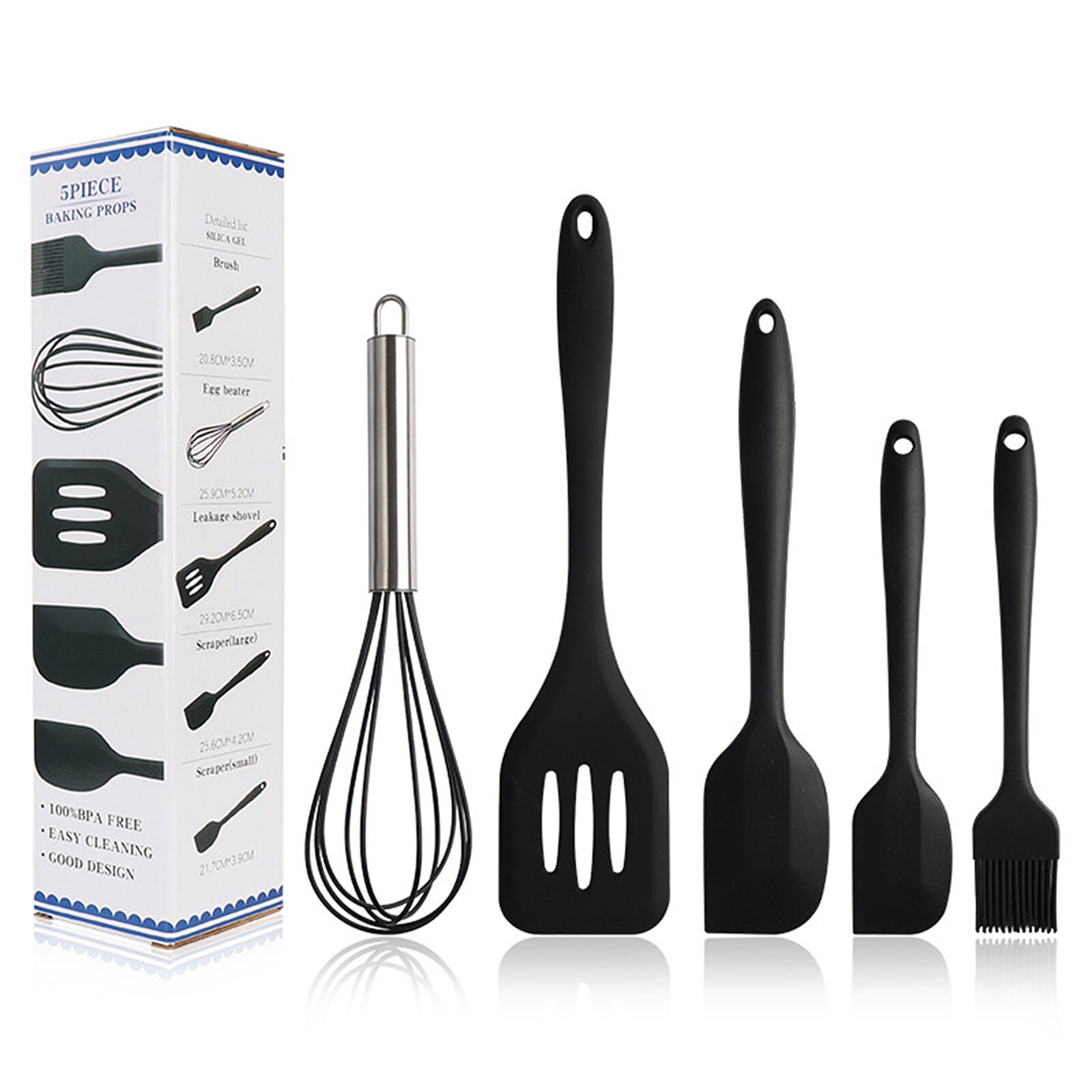 Utensilios de cocina de silicona, conjunto de herramientas de horneado, 5 uds.: Black