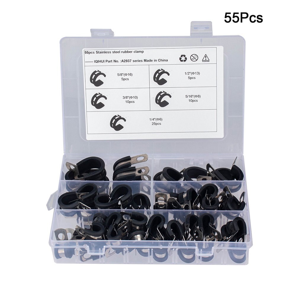55 stuks 5 maten rubberen, roestvrijstalen slangklem, kabelklem, metalen klem, buishouder voor buissnoerinstallatie: 55 stuks 24 roosters