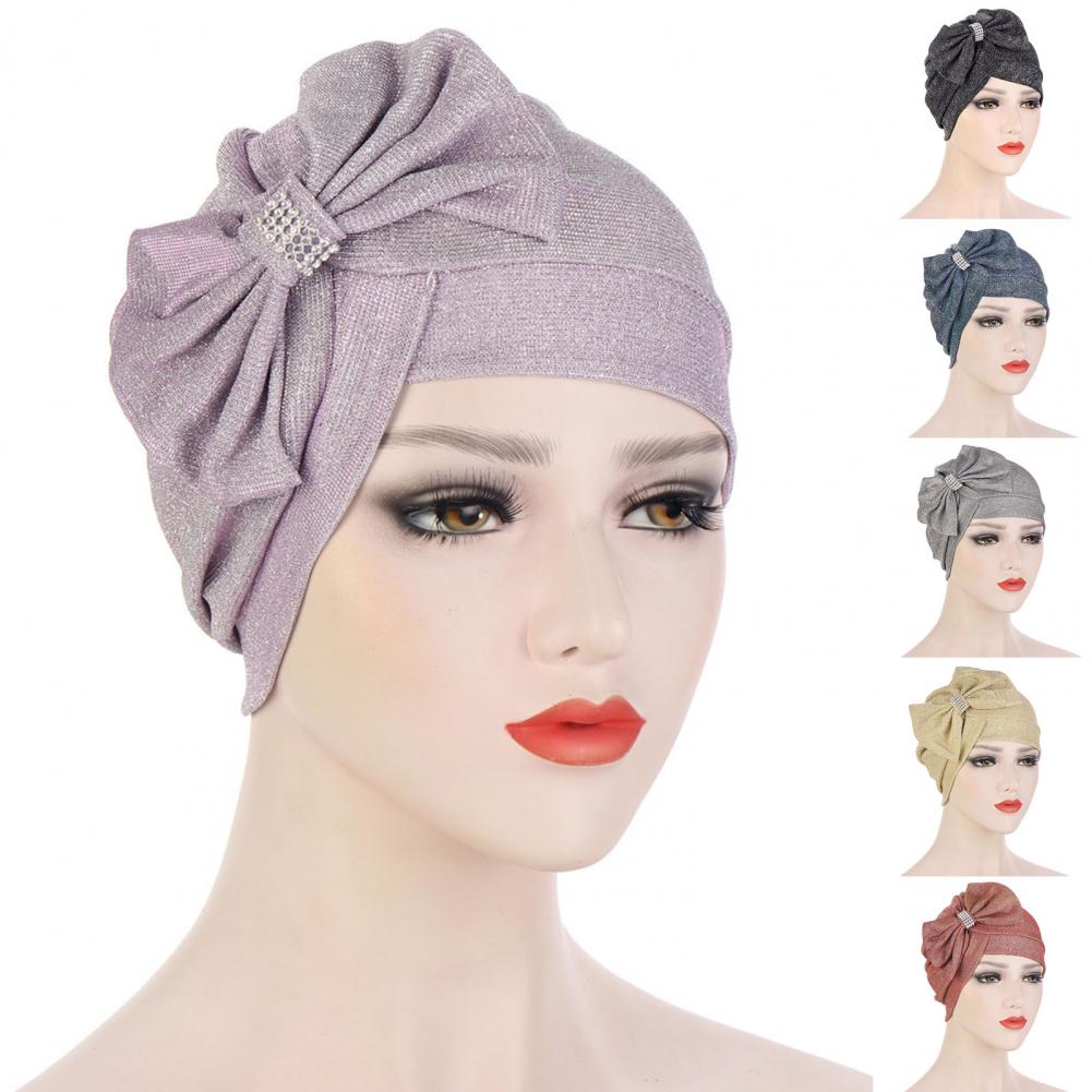 Tulband Cap Effen Kleur Vrouwelijke Glitter Warme Boog-Knoop Beanie Hoed Beanie Headwrap Voor Wassen Gezicht