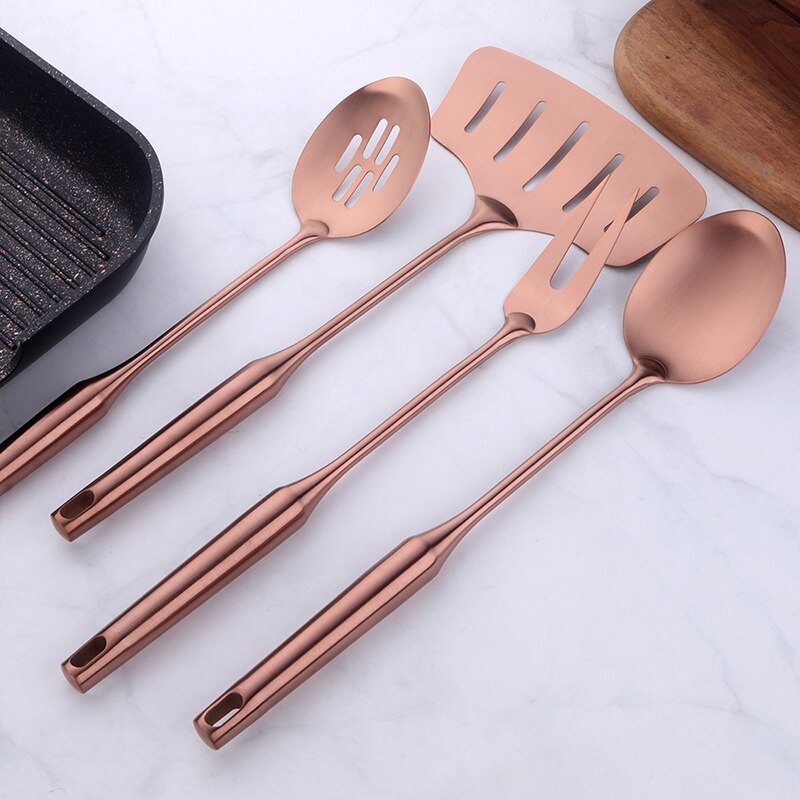 1/4 pcs Rose Gold Kitchen Accessories Gold Matt Utensil Stainless Steel kitchenware Long Service Spoon Fork Fish Cooking Tool: Rose gold-4pcs