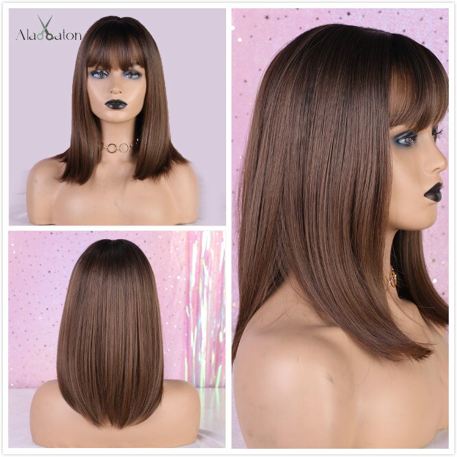Alan Eaton Rechte Donkerbruin Blonde Ombre Synthetische Pruiken Met Pony Voor Vrouwen Korte Bob Pruik Hittebestendige Lolita Cosplay pruiken: lc200-4F