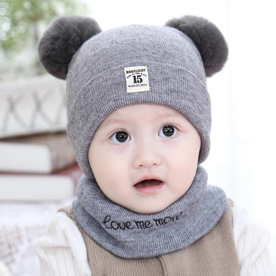 Winter Baby Girls Hats Scarf Set Soft Warm Children Pompom Accessories For 0-2 Years Kids Spring Autumn Caps: C Grey