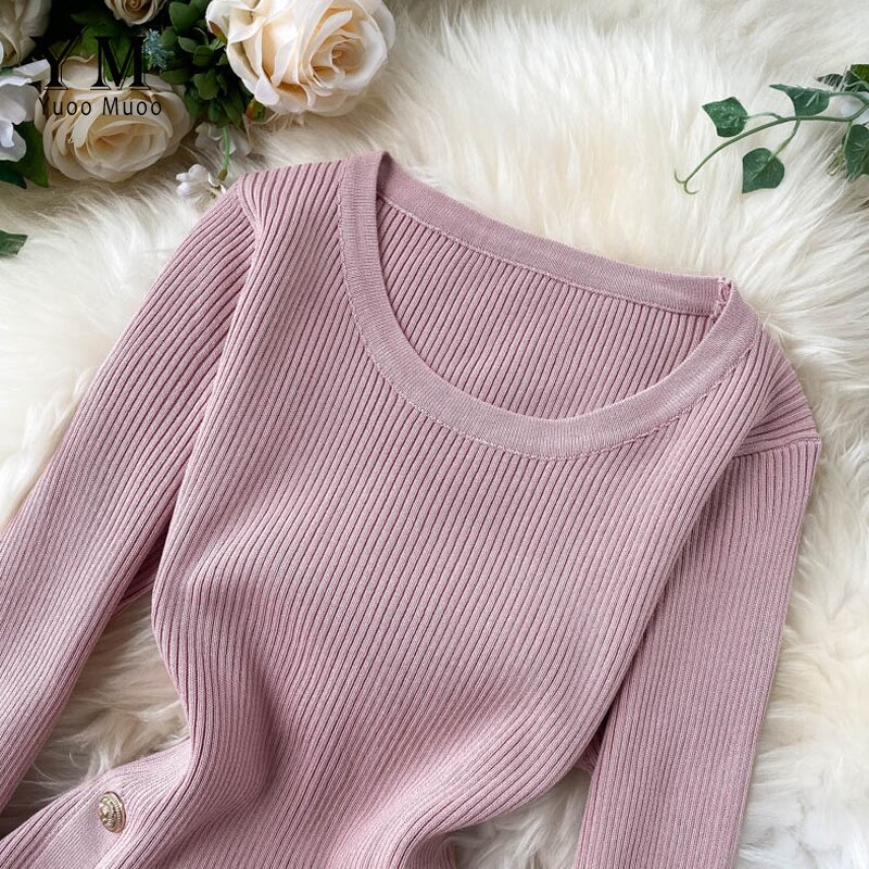 Yuoomuoo Elegante Vintage Double-Breasted Office Dames Jurk Herfst Winter Gebreide Lange Jurk Vrouwelijke Split Bodycon Jurk