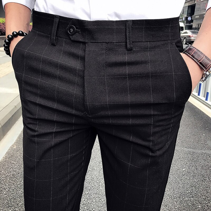 Herre Tern Lærreds-bukser - Smart Casual - Lynlås - Polyester - Britisk Stil: Plaid sorte bukser / 34