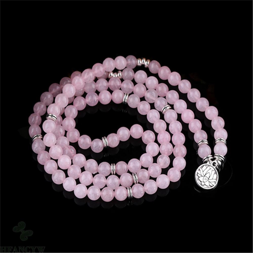 8mm Pink Crystal 108 Bead Lotus Pendant Stretch Bracelet Pray Bless Lucky Classic Meditation Wristband Wrist