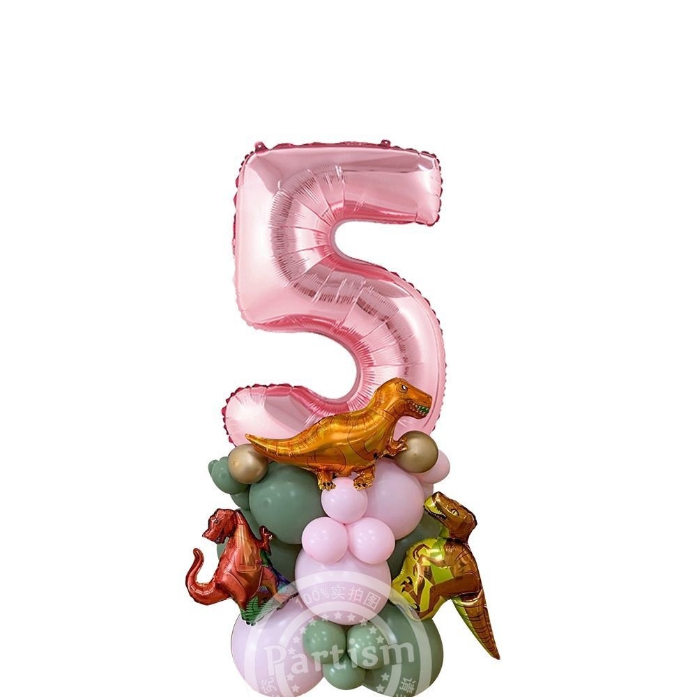 1 Juego de cajas de dulces de cartón con forma de torre de globos de dinosaurio rosa para niña, decoraciones para de feliz cumpleaños con temática de dinosaurio, suministro de: iridescent