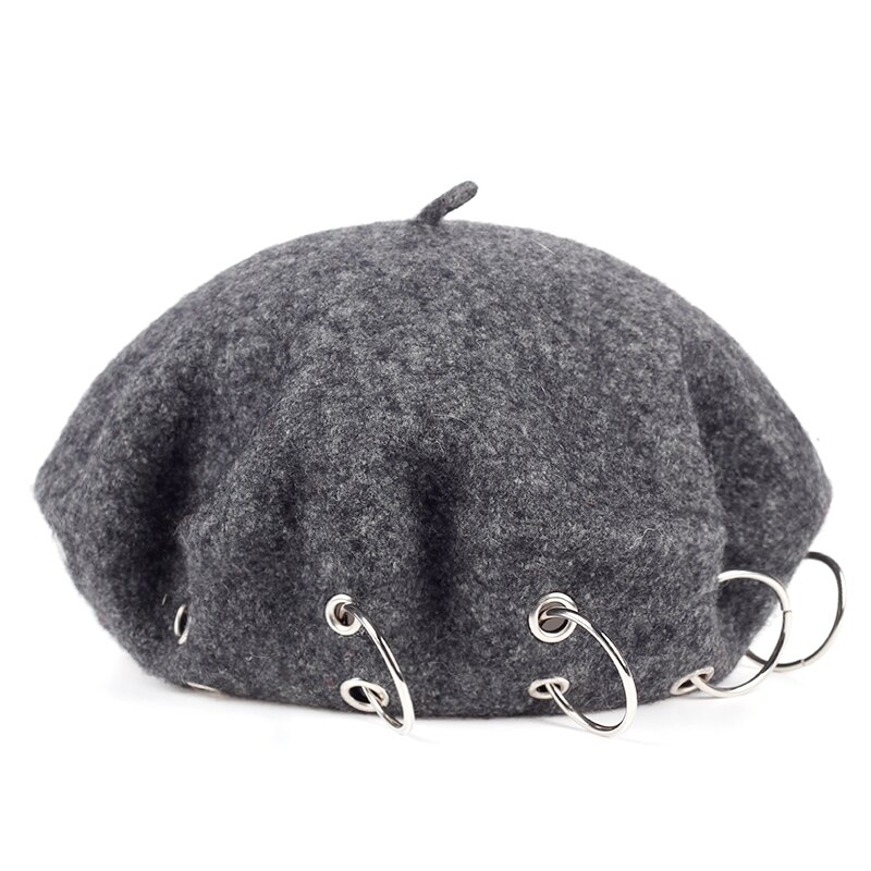 Gorros de invierno Harajuku, boinas de la oscuridad, estilo Punk Rock, boina con anillos de hierro, gorra de pintor de lana negra 17th-century, novedad de