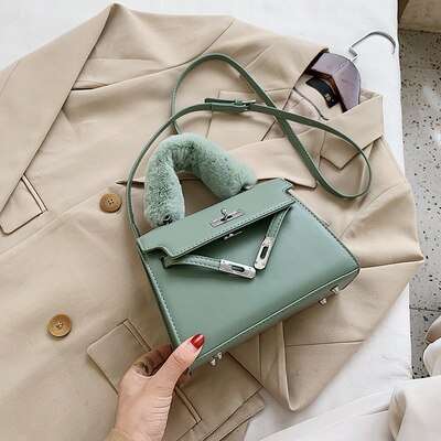 Faux Bont Handvat Kleine Pu Lederen Crossbody Tassen Voor Vrouwen Winter Trending Schouder Handtassen Vrouwen Eenvoudige Handtas: Green