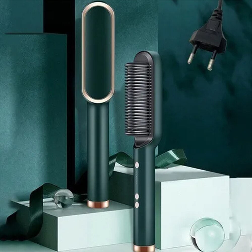 Pettini riscaldanti dritti uomo barba capelli lisci bigodino in ceramica pettine riscaldato professionale spazzola per capelli elettrica diritta: verde