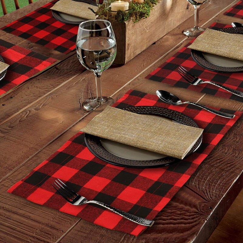 6Pcs Buffalo Plaid Placemats Rood En Zwart Buffalo Check Placemats, Omkeerbare Katoen Jute Kerst Placemats Voor Chr