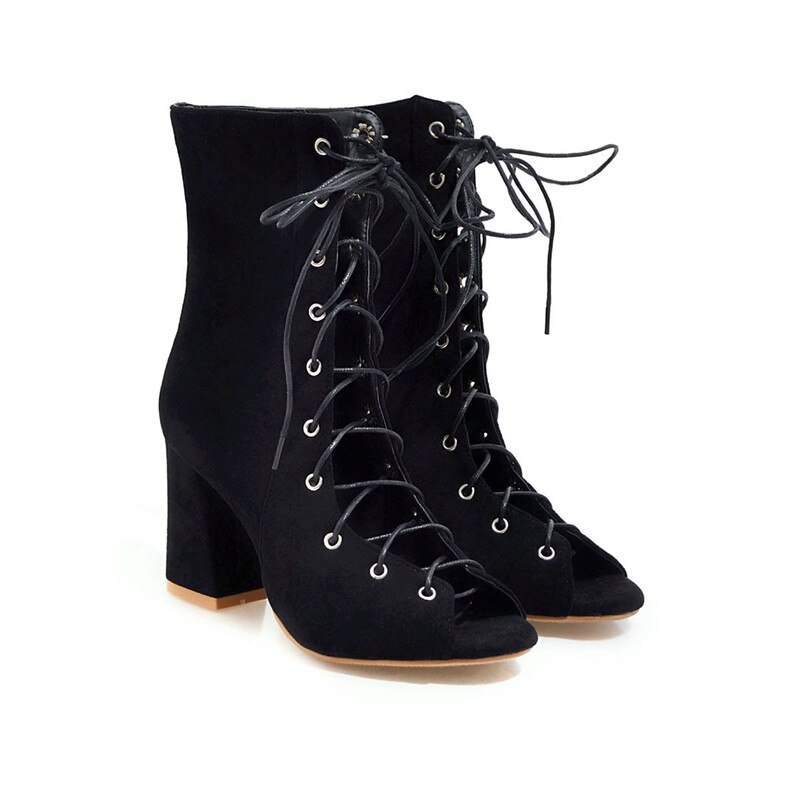 Morazora kvinnor ankelboots kors bundna peep toe sommarstövlar fyrkantiga högklackade stövlar klänning skor kvinna