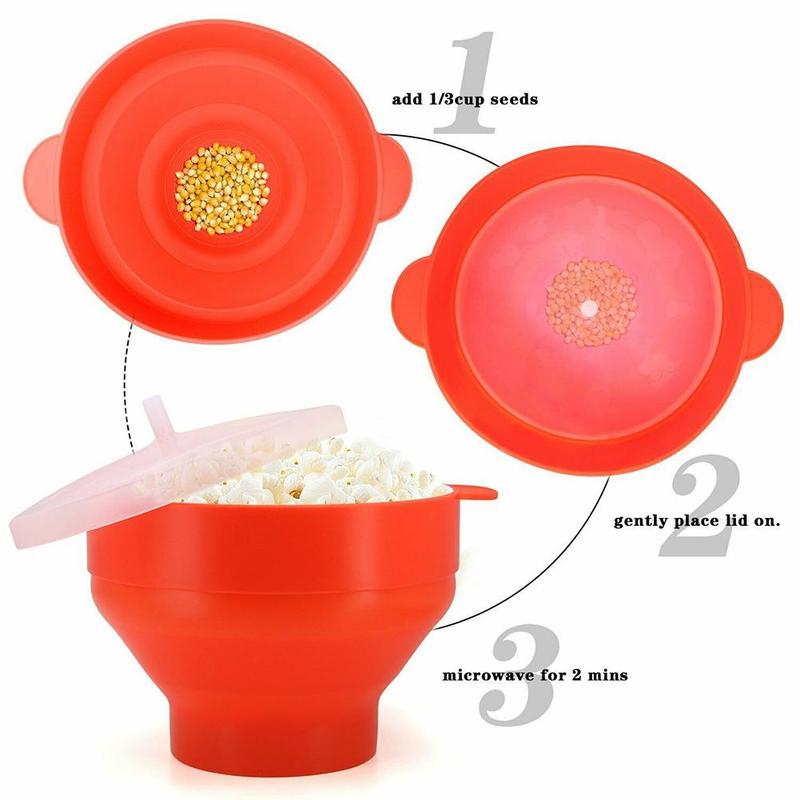 Popcorn mikrobølgeovn silikone foldbart rødt køkken let værktøj diy popcorn spand skål maker med låg