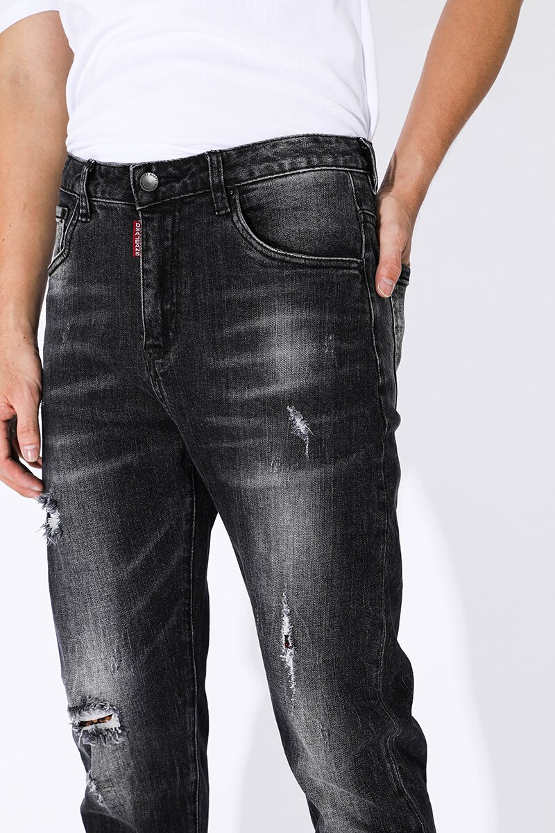 Zwarte heren jeans gescheurde gescheurde jeans voor heren bedrukte skinny stretch strakke broek lange broek geschilderd hiphop herfst winter