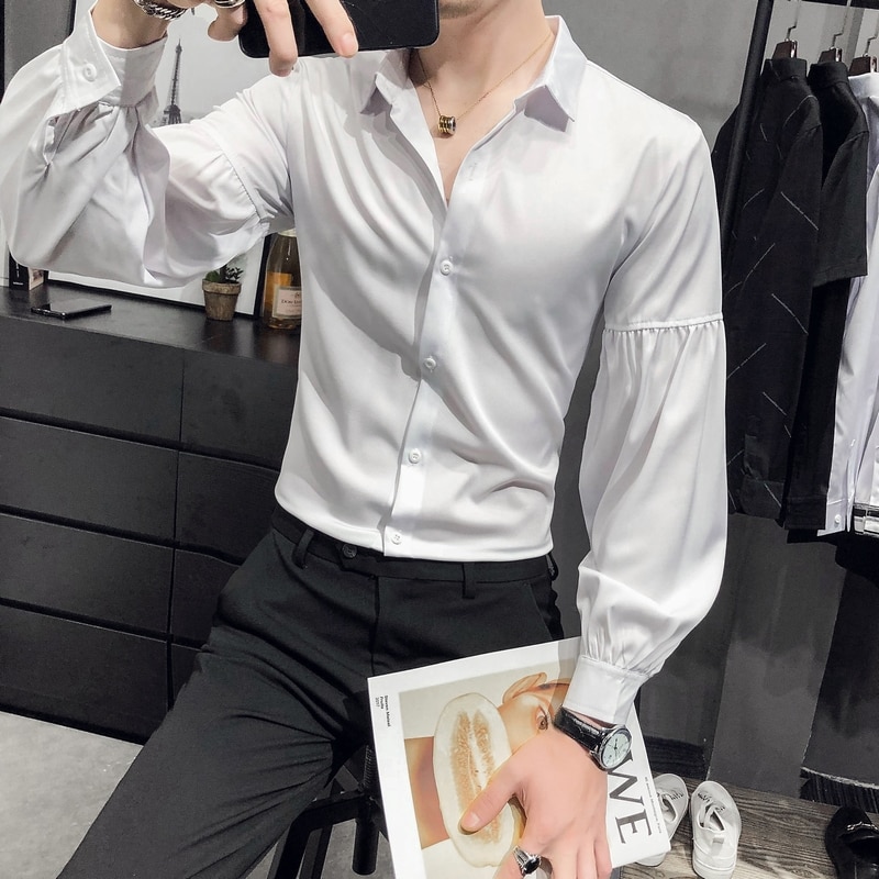 Couleur unie hommes chemises manches bouffantes discothèque scène fête sociale Blouse Chemise Homme coupe mince Streetwear hommes vêtements Camisas