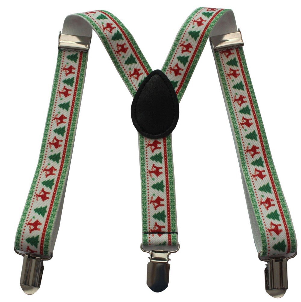 Kids Adjustable Clip On Y Back White Christmas Tree Deer Print Suspenders Braces