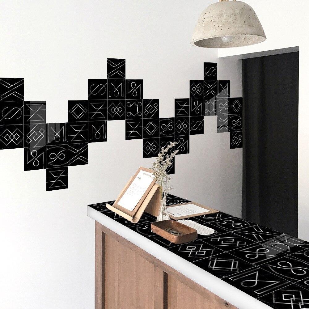 Euro black imitation tile sticker Self-adhesive abstract character pvc wall sticker Living room kitchen renovation wallpaper