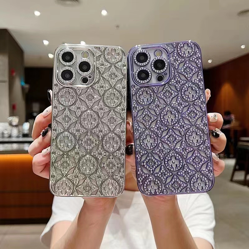 Modernt diamantformad blomma med fint hål i linsen, lämplig för iphone 15 14 13 12 11 pro max, stötdämpande bakstycke