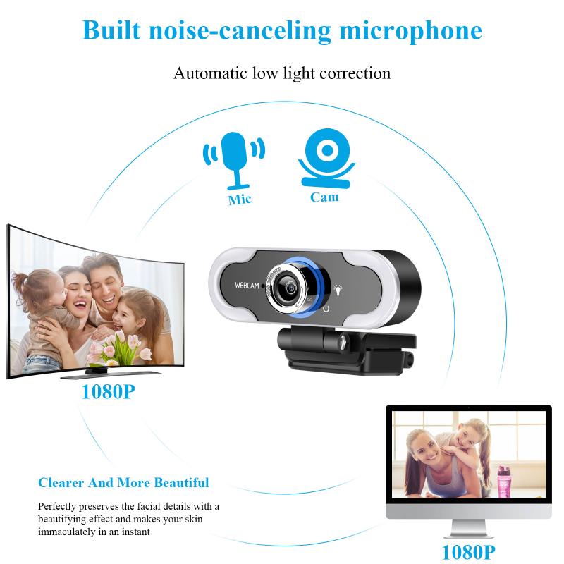 Webcam HD 1080P avec Microphone, caméra USB, éclairage annulaire LED, pour vidéo Live, ordinateur portable, TSLM1