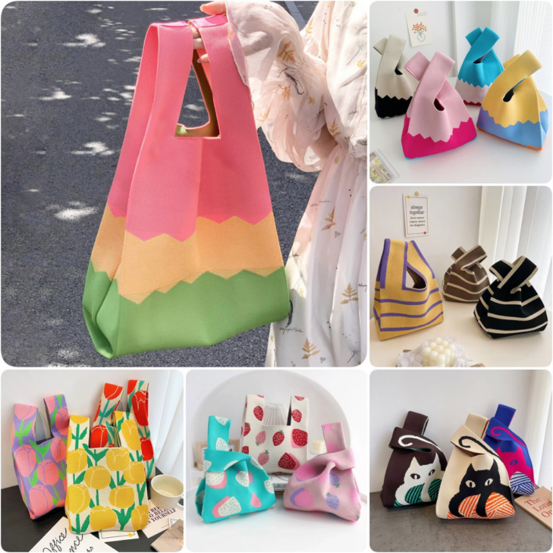 Mini bolso de muñeca con nudo para mujer, bolsos de mano de punto hechos a mano, bolso de mano informal coreano, bolsos de compras reutilizables