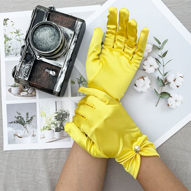 Women's Summer Thin Short Satin Elastic Etiquette Dress Gloves Pearl Lace Bow UV Sunscreen Cycling Driving Mittens K69: Yellow